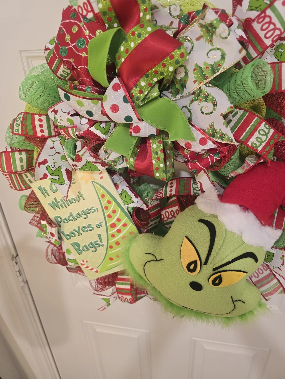 Grinch Holiday Ribbon Wreath with Plush Face Monster Christmas